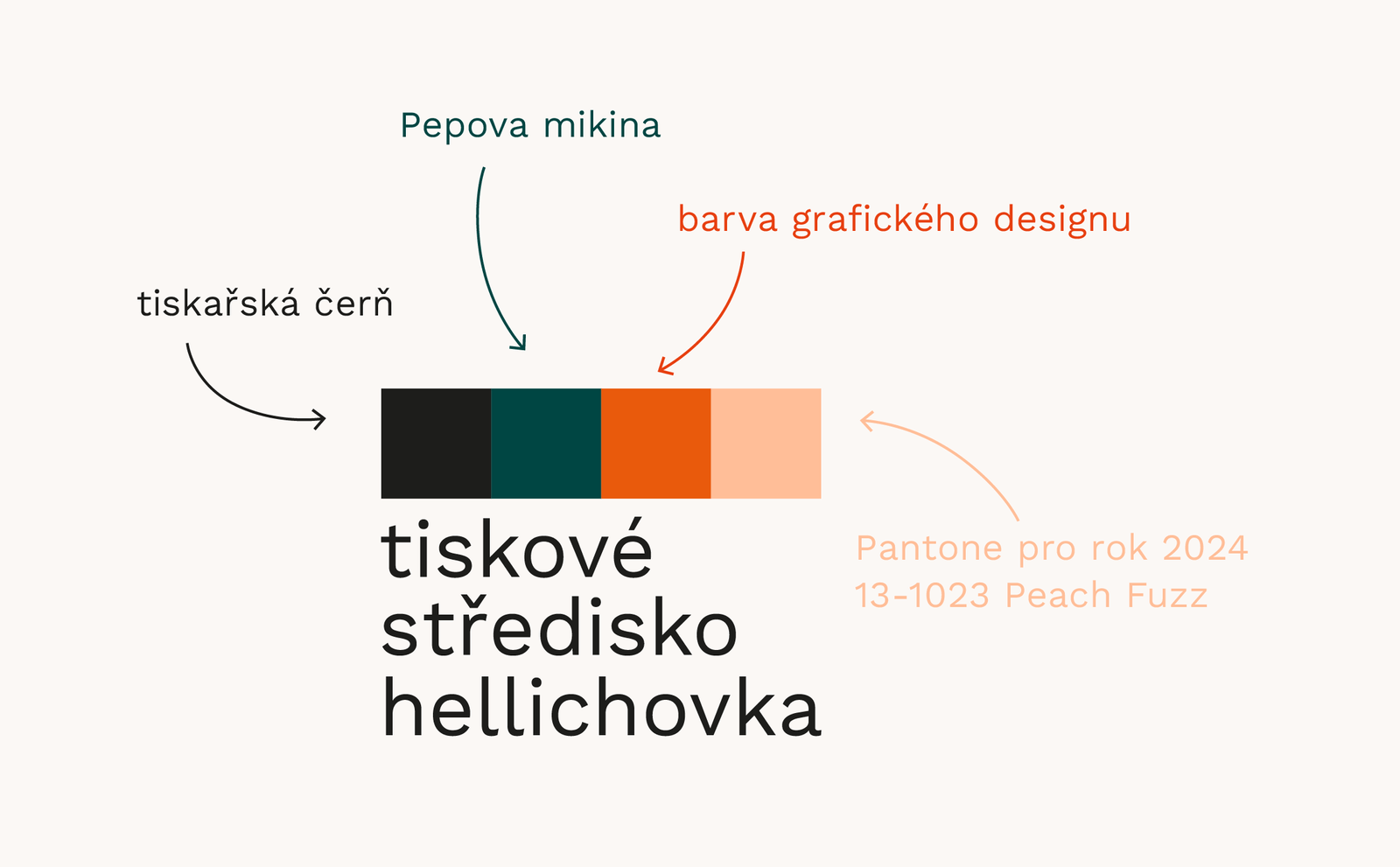 The explanation behind the colors used for the existing TSH logo. Left to right: printing black, Pepa’s hoodie, the color of graphic design, Pantone color of 2024